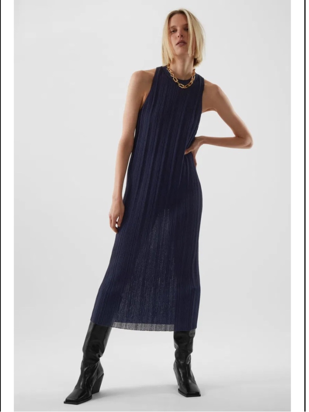 COS Slim Fit Pleated Midi Dress Navy sz small